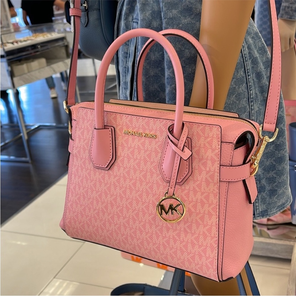 MICHAEL KORS Mercer Sm TZip Logo Leather Belted Satchel Crossbody Carnation - Picture 6 of 16